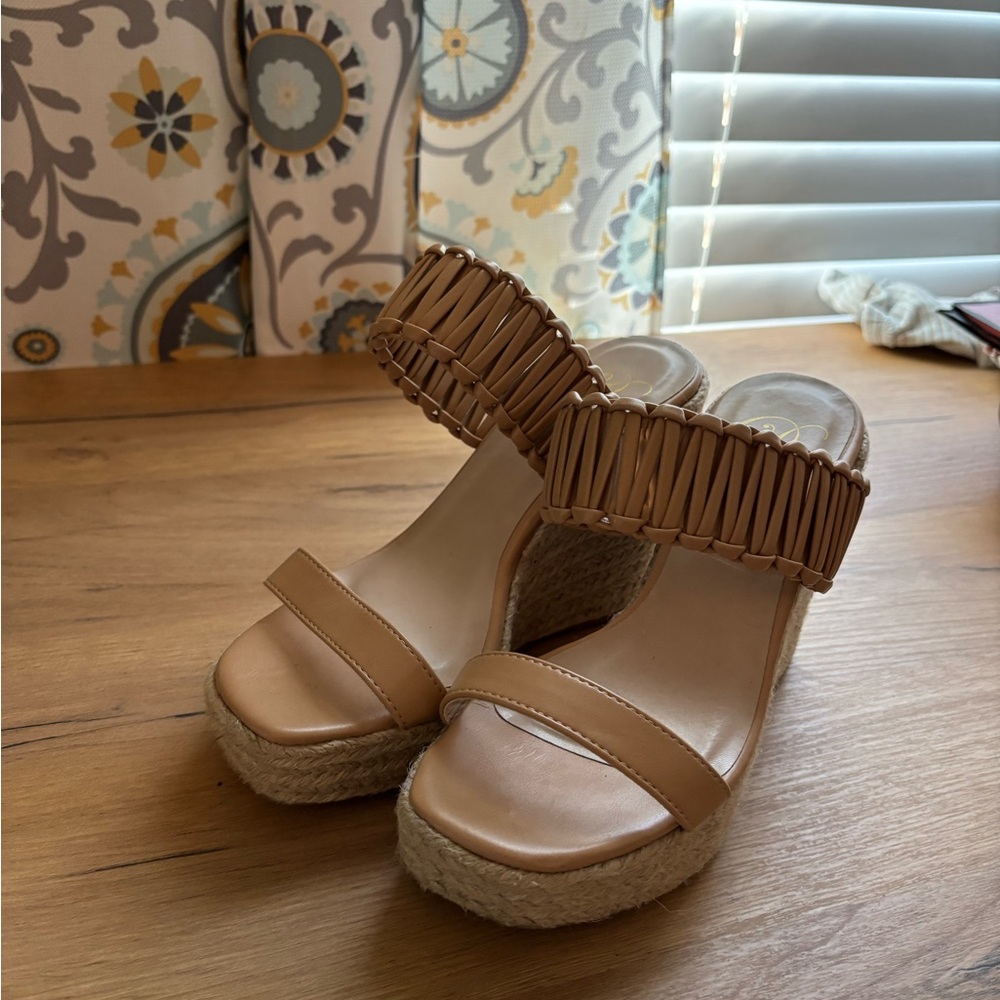 Pink Lily Tan Wedge Sandals